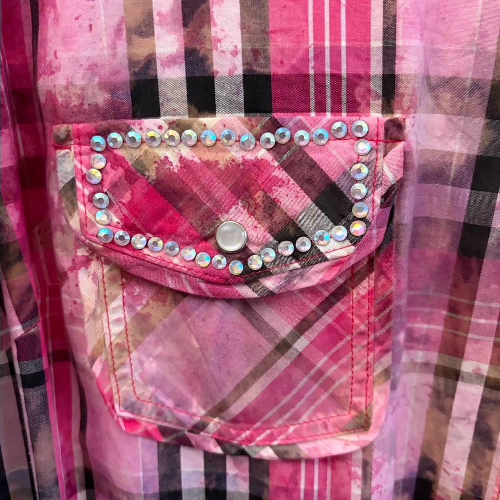 A Rare Bird Handmade Plaid Rhinestone Western Pearl Snap Shirt Dress Size M/L - Picture 8 of 16